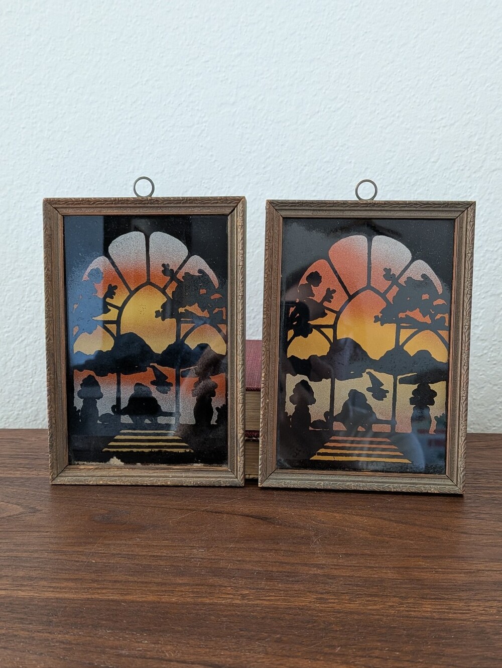 Vintage Set Reverse PaintedSilhouette Window Sunset Couple Lake